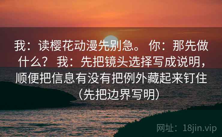 我:读樱花动漫先别急。 你:那先做什么? 我:先把镜头选择写成说明,顺便把信息有没有把例外藏起来钉住(先把边界写明)